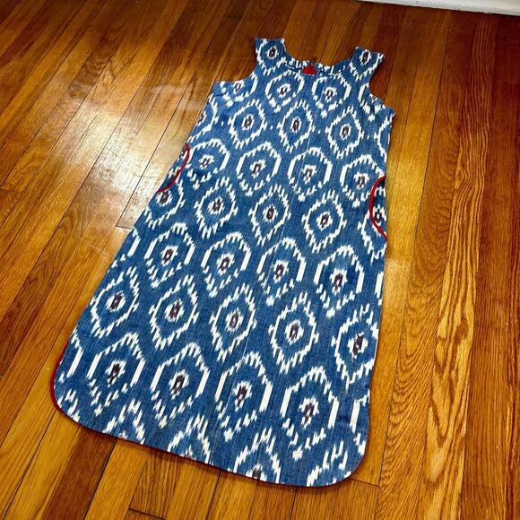 Vintage 70s Handmade Retro Patterned Blue and White Dress with Pockets Size Med - Picture 13 of 13